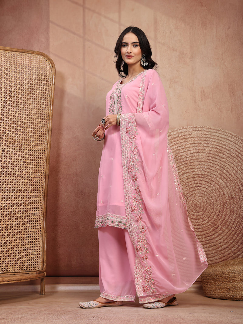 Chic Pink Georgette Straight Kurta Palazzo Set with Embroidery