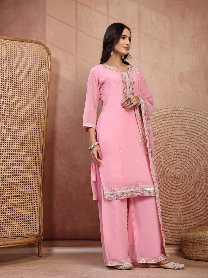 Chic Pink Georgette Straight Kurta Palazzo Set with Embroidery