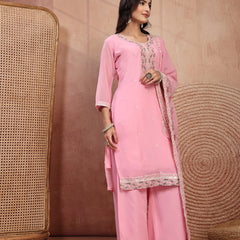 Chic Pink Georgette Straight Kurta Palazzo Set with Embroidery