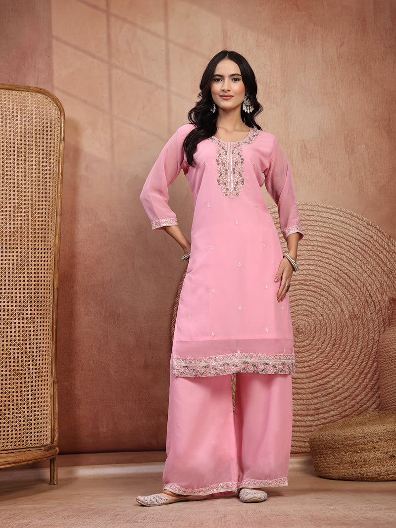 Chic Pink Georgette Straight Kurta Palazzo Set with Embroidery