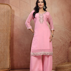 Chic Pink Georgette Straight Kurta Palazzo Set with Embroidery