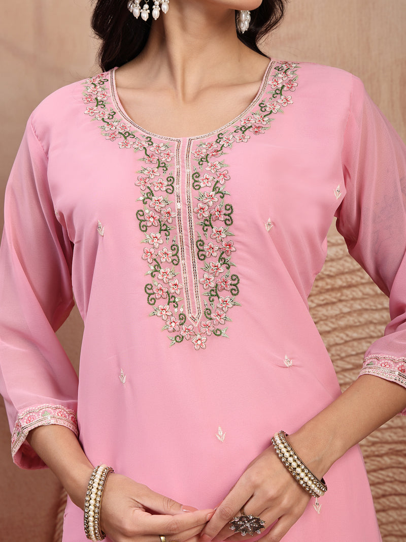 Chic Pink Georgette Straight Kurta Palazzo Set with Embroidery