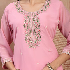 Chic Pink Georgette Straight Kurta Palazzo Set with Embroidery
