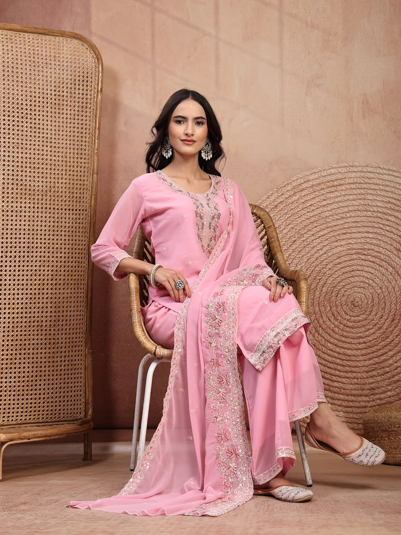 Chic Pink Georgette Straight Kurta Palazzo Set with Embroidery