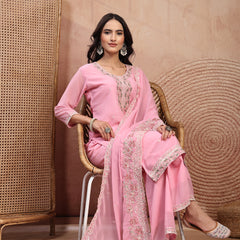 Chic Pink Georgette Straight Kurta Palazzo Set with Embroidery