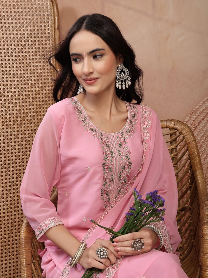 Chic Pink Georgette Straight Kurta Palazzo Set with Embroidery