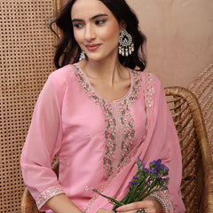 Chic Pink Georgette Straight Kurta Palazzo Set with Embroidery