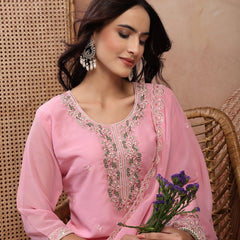 Chic Pink Georgette Straight Kurta Palazzo Set with Embroidery
