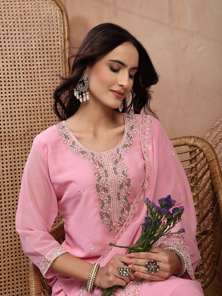 Chic Pink Georgette Straight Kurta Palazzo Set with Embroidery