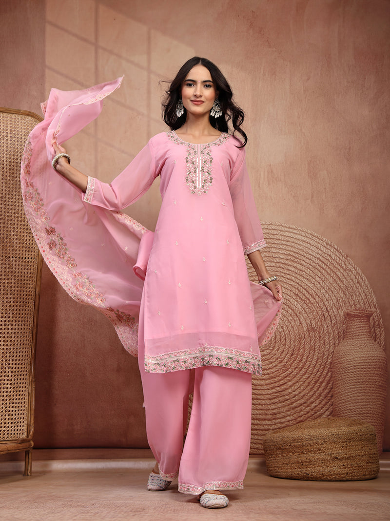 Chic Pink Georgette Straight Kurta Palazzo Set with Embroidery