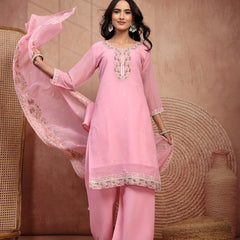 Chic Pink Georgette Straight Kurta Palazzo Set with Embroidery