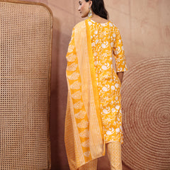 Bright Yellow Cotton Straight Kurta Palazzo Set with Embroidery