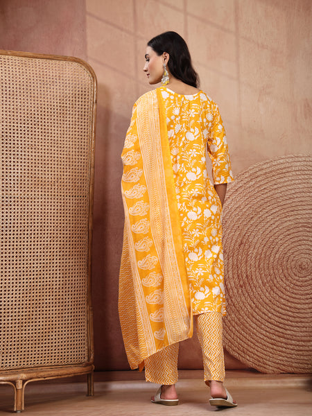 Bright Yellow Cotton Straight Kurta Palazzo Set with Embroidery