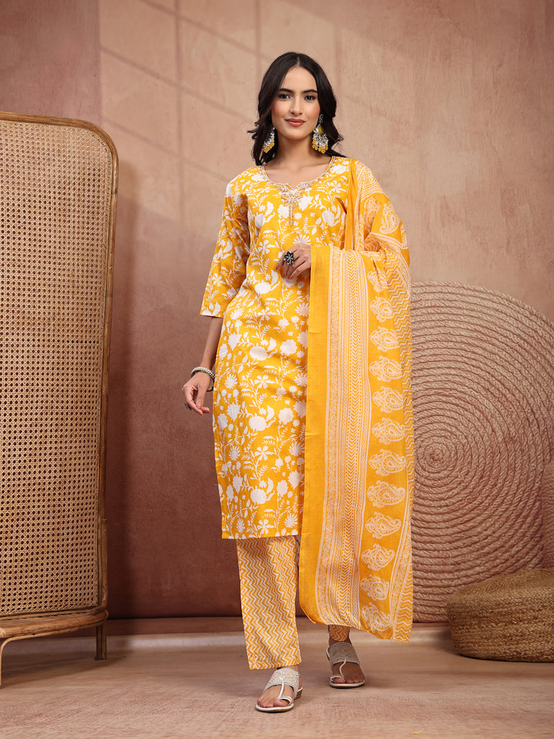 Bright Yellow Cotton Straight Kurta Palazzo Set with Embroidery