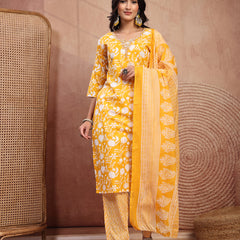 Bright Yellow Cotton Straight Kurta Palazzo Set with Embroidery