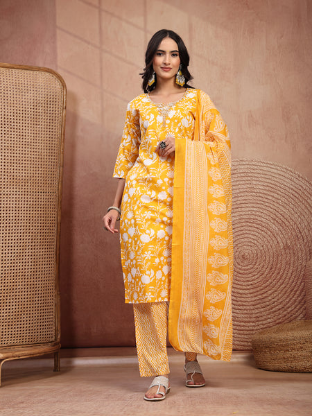 Bright Yellow Cotton Straight Kurta Palazzo Set with Embroidery