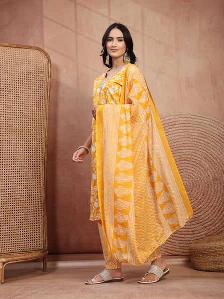 Bright Yellow Cotton Straight Kurta Palazzo Set with Embroidery