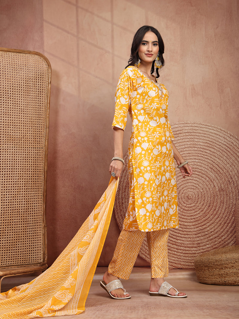 Bright Yellow Cotton Straight Kurta Palazzo Set with Embroidery