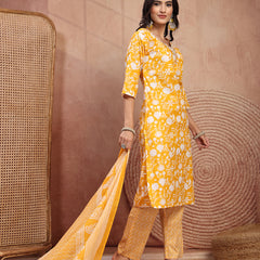 Bright Yellow Cotton Straight Kurta Palazzo Set with Embroidery