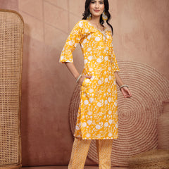 Bright Yellow Cotton Straight Kurta Palazzo Set with Embroidery
