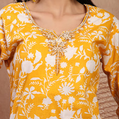 Bright Yellow Cotton Straight Kurta Palazzo Set with Embroidery