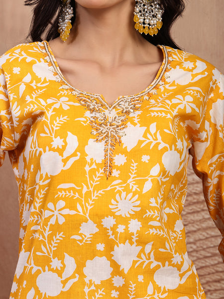 Bright Yellow Cotton Straight Kurta Palazzo Set with Embroidery