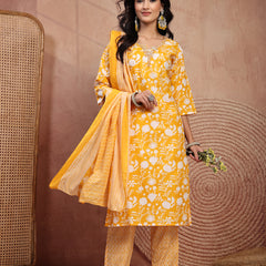 Bright Yellow Cotton Straight Kurta Palazzo Set with Embroidery