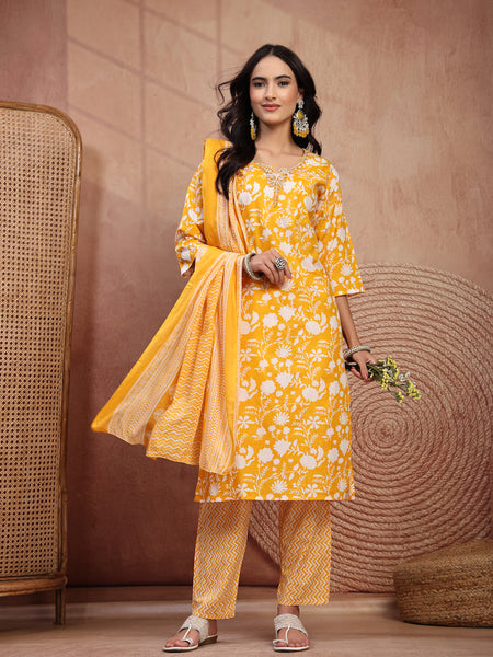 Bright Yellow Cotton Straight Kurta Palazzo Set with Embroidery