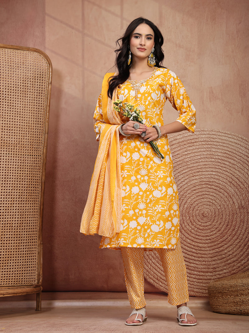 Bright Yellow Cotton Straight Kurta Palazzo Set with Embroidery