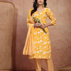 Bright Yellow Cotton Straight Kurta Palazzo Set with Embroidery