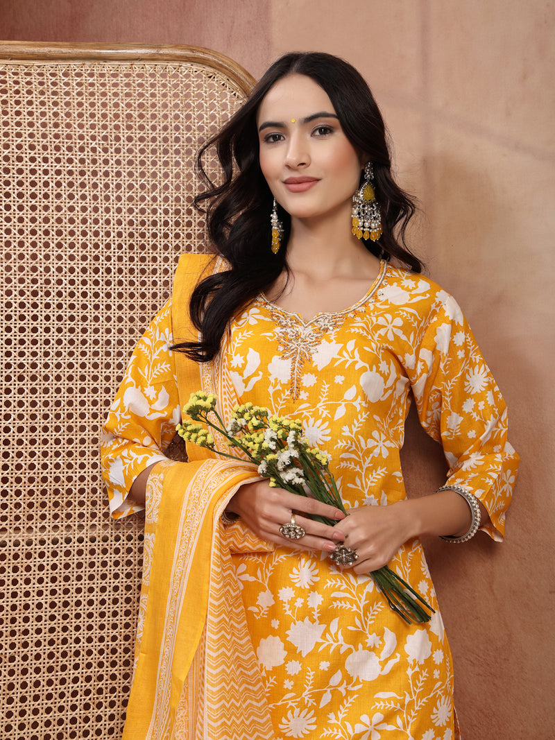 Bright Yellow Cotton Straight Kurta Palazzo Set with Embroidery