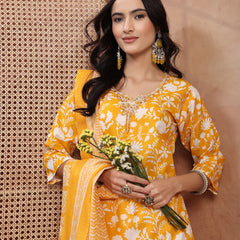 Bright Yellow Cotton Straight Kurta Palazzo Set with Embroidery