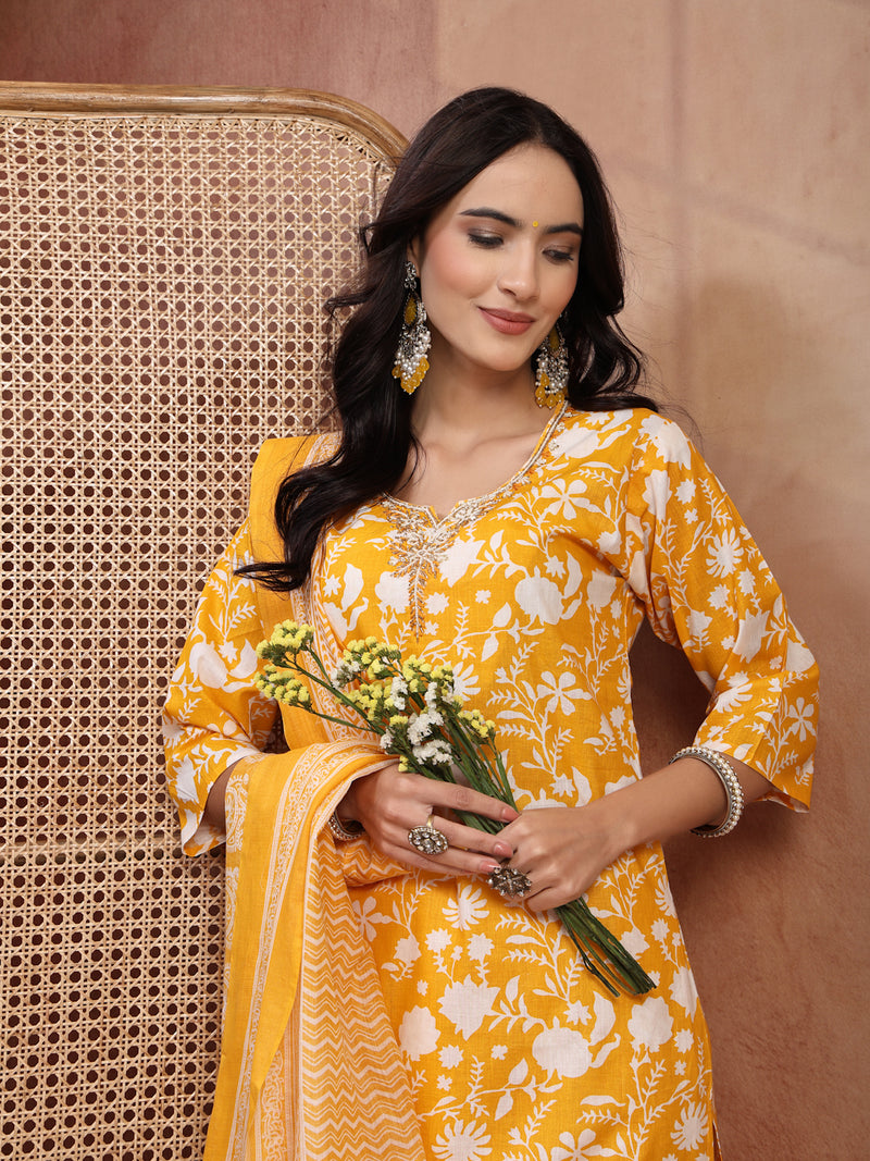 Bright Yellow Cotton Straight Kurta Palazzo Set with Embroidery