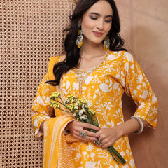 Bright Yellow Cotton Straight Kurta Palazzo Set with Embroidery