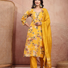 Vibrant Yellow Cotton Straight Kurta Palazzo Set with Embroidery