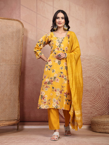 Vibrant Yellow Cotton Straight Kurta Palazzo Set with Embroidery
