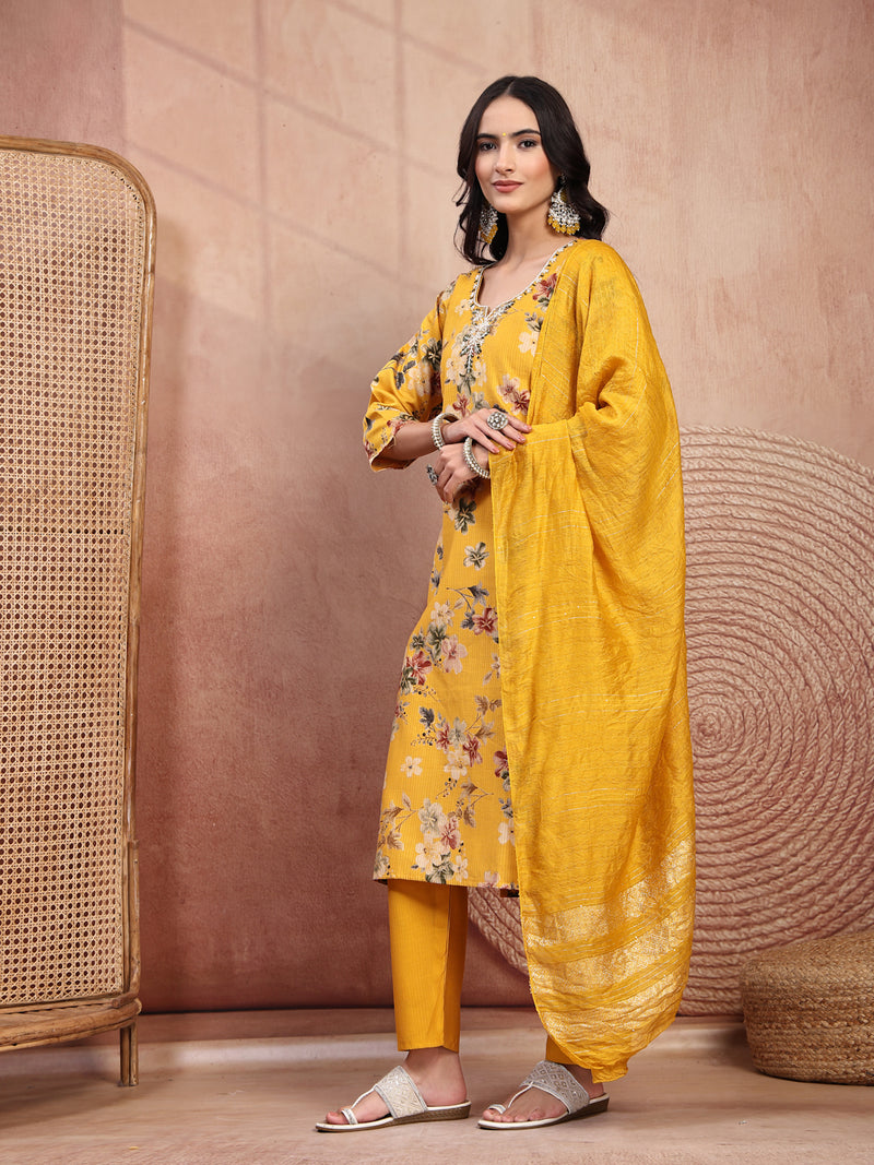 Vibrant Yellow Cotton Straight Kurta Palazzo Set with Embroidery