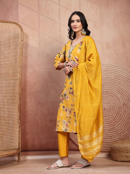 Vibrant Yellow Cotton Straight Kurta Palazzo Set with Embroidery