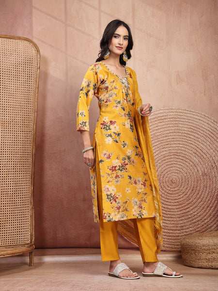 Vibrant Yellow Cotton Straight Kurta Palazzo Set with Embroidery