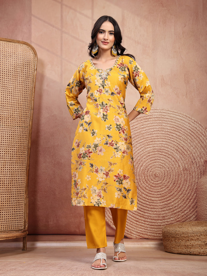 Vibrant Yellow Cotton Straight Kurta Palazzo Set with Embroidery