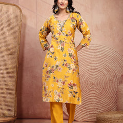 Vibrant Yellow Cotton Straight Kurta Palazzo Set with Embroidery