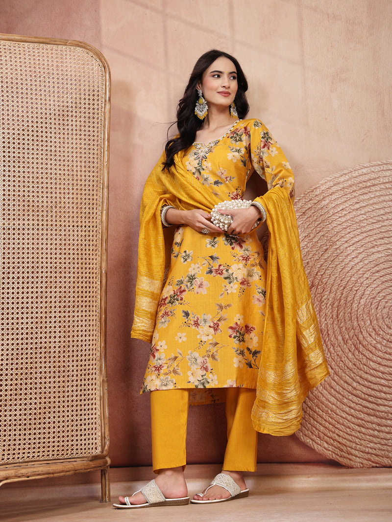 Vibrant Yellow Cotton Straight Kurta Palazzo Set with Embroidery