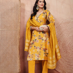 Vibrant Yellow Cotton Straight Kurta Palazzo Set with Embroidery
