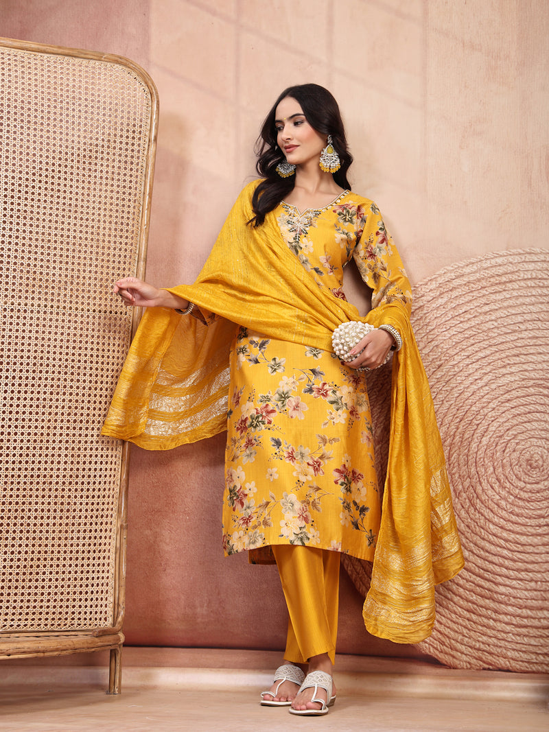 Vibrant Yellow Cotton Straight Kurta Palazzo Set with Embroidery