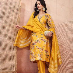 Vibrant Yellow Cotton Straight Kurta Palazzo Set with Embroidery