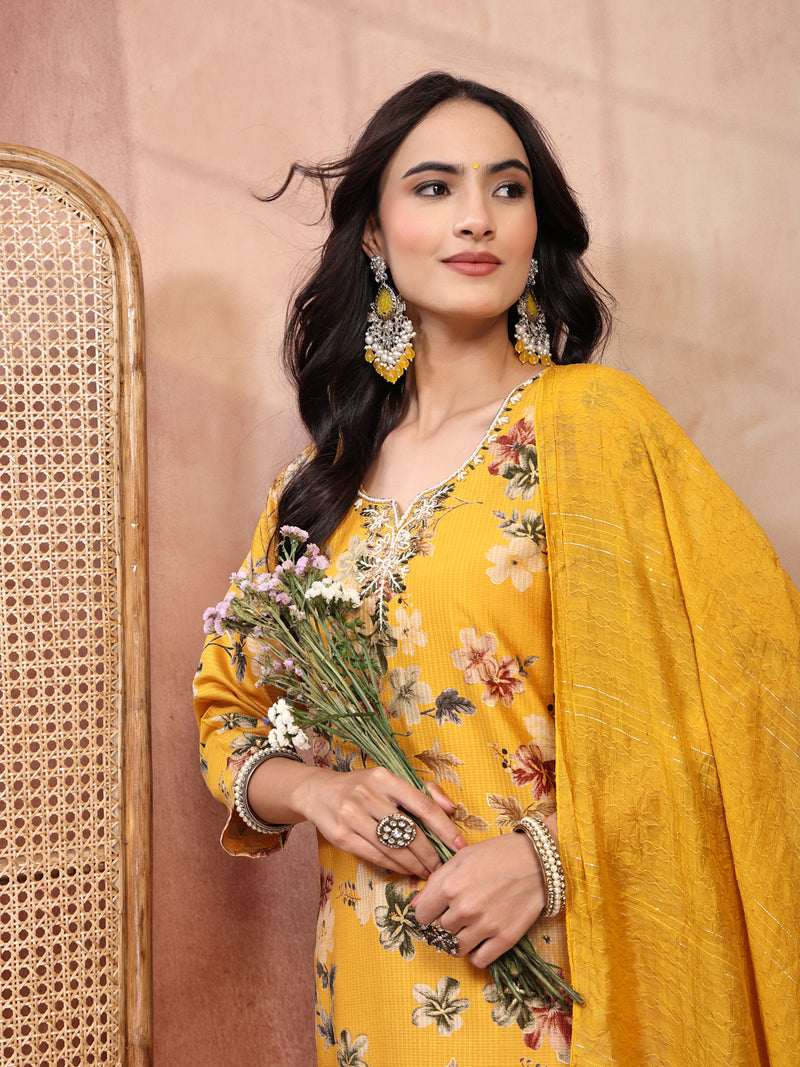 Vibrant Yellow Cotton Straight Kurta Palazzo Set with Embroidery