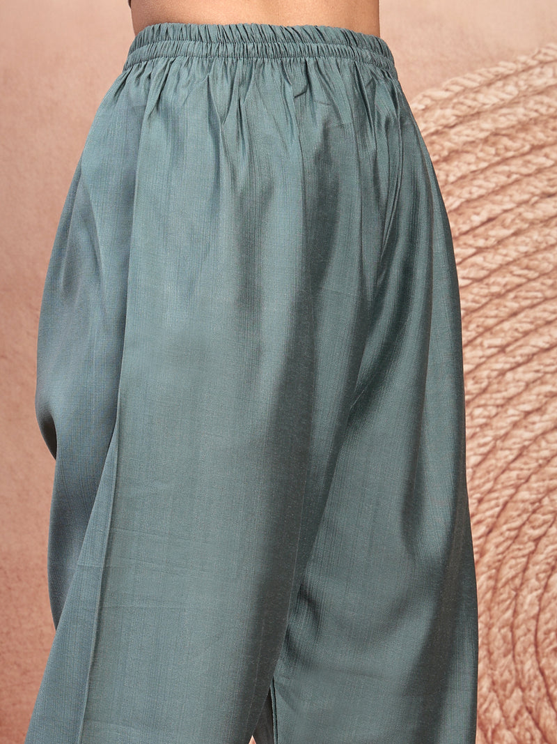 Elegant Olive Cotton Straight Kurta Palazzo Set with Embroidery & V-Neck