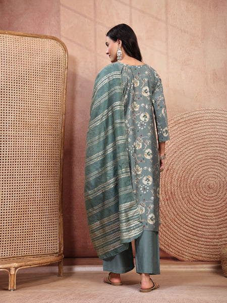 Elegant Olive Cotton Straight Kurta Palazzo Set with Embroidery & V-Neck