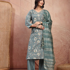 Elegant Olive Cotton Straight Kurta Palazzo Set with Embroidery & V-Neck