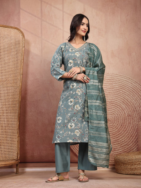 Elegant Olive Cotton Straight Kurta Palazzo Set with Embroidery & V-Neck